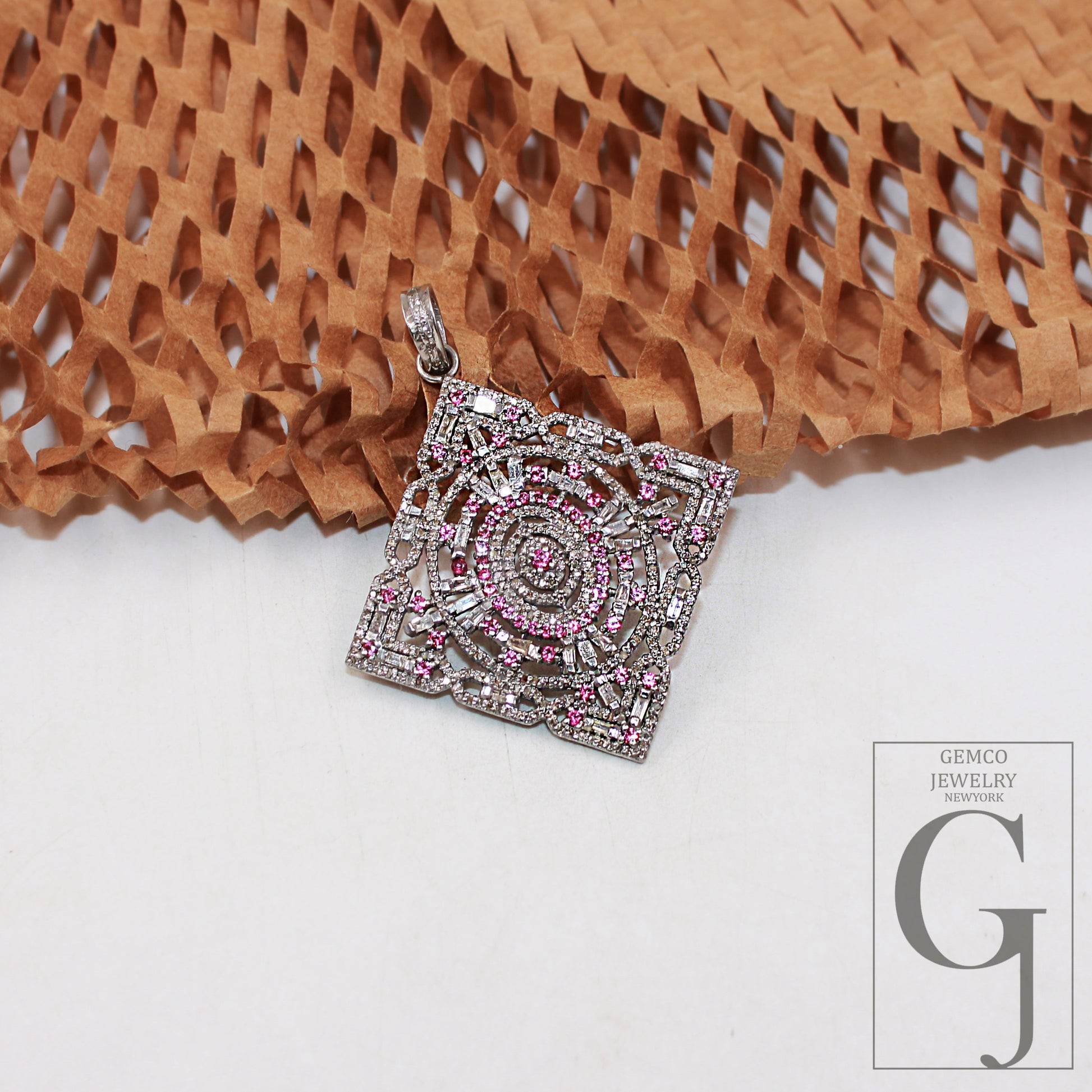 Pink sapphire pendant baguette diamond pendant Rosecut pave diamond pendant sterling silver handmade finish design diamond pendant jewelry