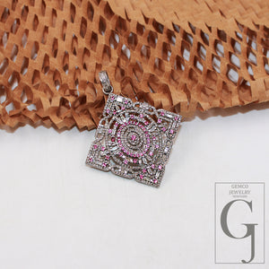 Pink sapphire pendant baguette diamond pendant Rosecut pave diamond pendant sterling silver handmade finish design diamond pendant jewelry