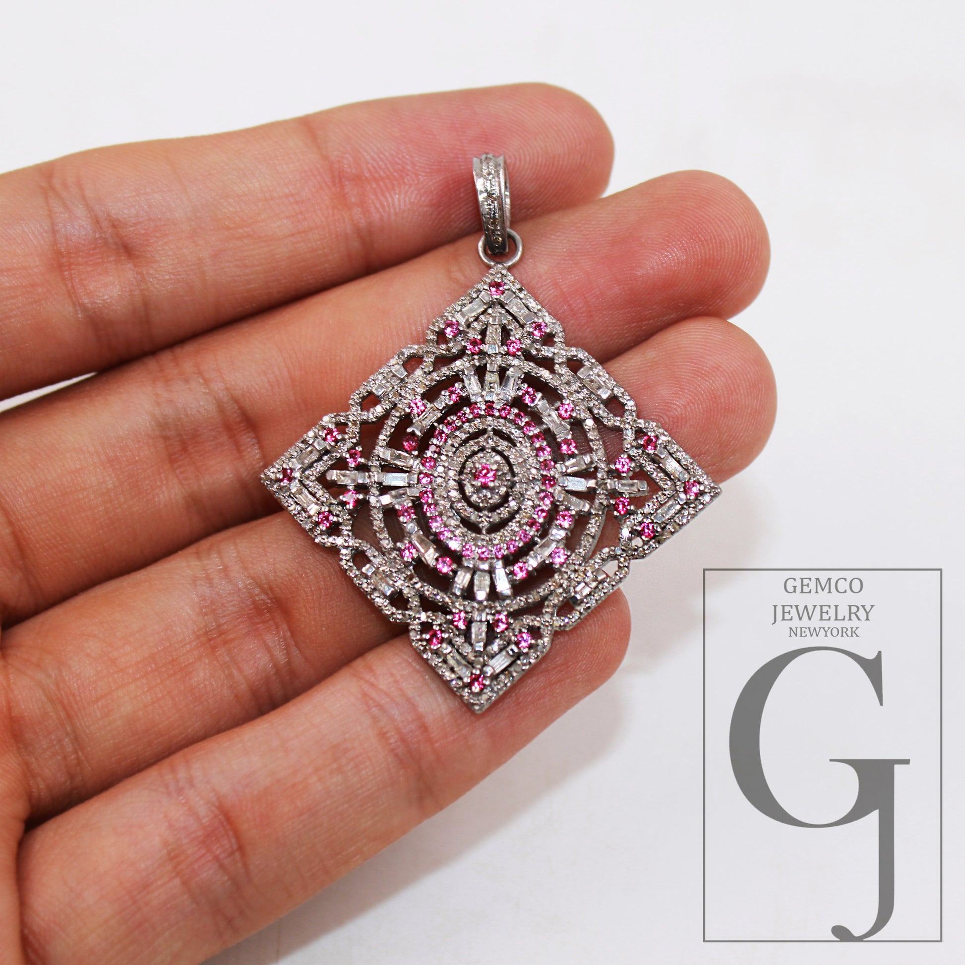 Pink sapphire pendant baguette diamond pendant Rosecut pave diamond pendant sterling silver handmade finish design diamond pendant jewelry