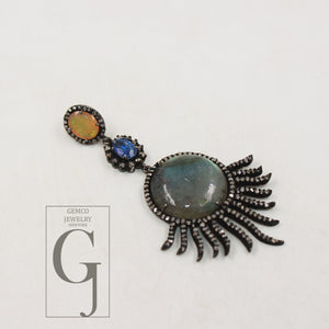 Sunburst Labradorite designer pendant Rosecut pave diamond pendant sterling silver handmade finish diamond jewelry necklace pendant jewelry