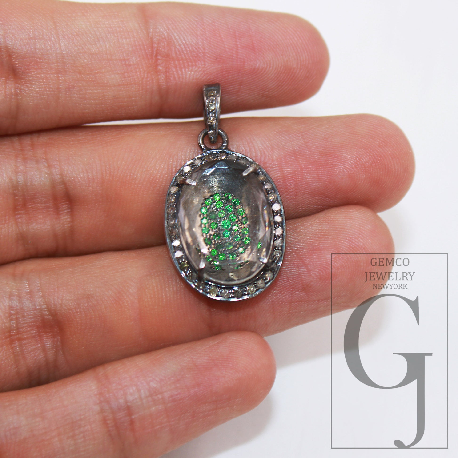 Beautiful Designer Rosecut Pave Diamond Pendant 925 Sterling Silver Handmade Finish Natural Oval Crystal Stone Center Stone  Diamond Jewelry