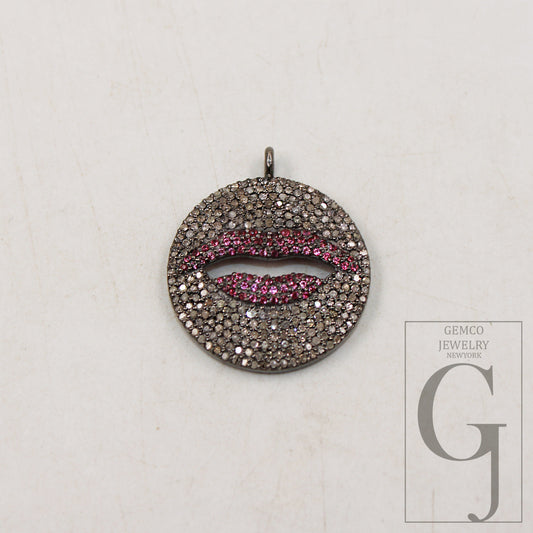 1pc Ruby Lips Pendant Rosecut Pave Diamond Pendant 925 Sterling Silver Handmade Finish Lips Shaped Diamond Pendant Jewelry Charms
