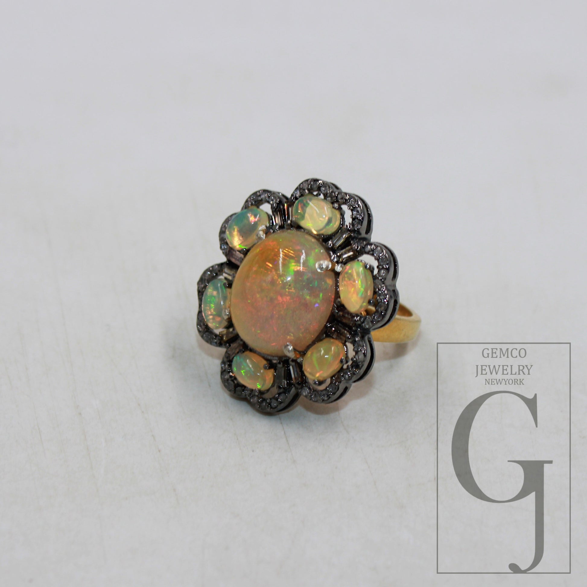 Oxidized finish natural yellow opal ring designer Rosecut pave diamond rings 925 sterling silver handmade silver finish diamond ring jewelry