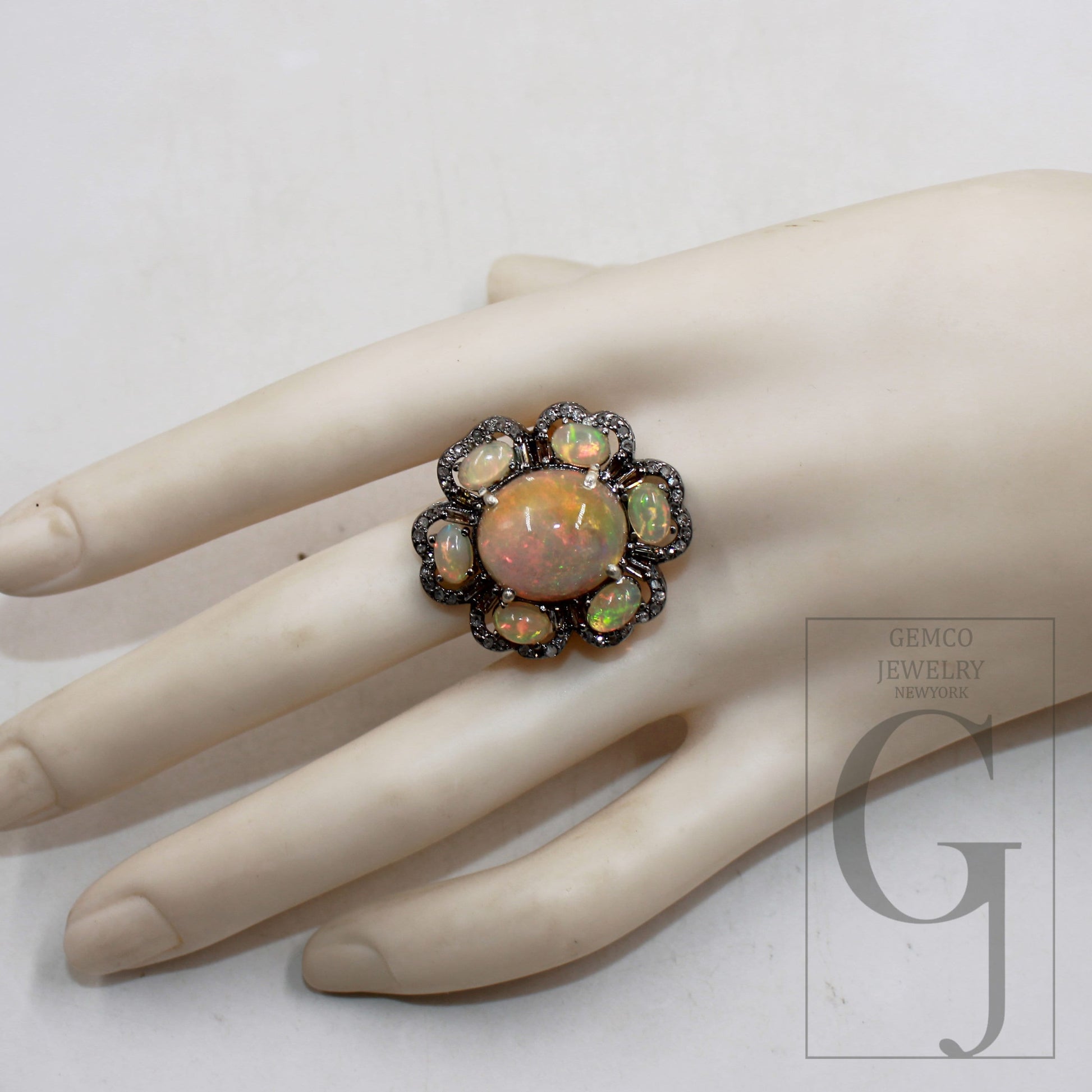 Oxidized finish natural yellow opal ring designer Rosecut pave diamond rings 925 sterling silver handmade silver finish diamond ring jewelry