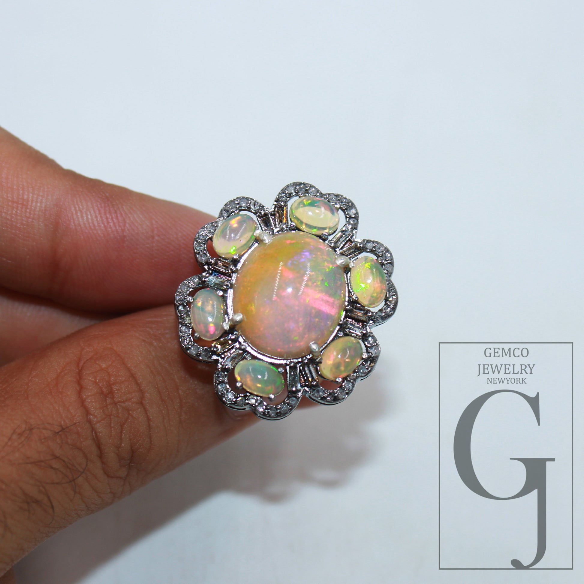 Oxidized finish natural yellow opal ring designer Rosecut pave diamond rings 925 sterling silver handmade silver finish diamond ring jewelry