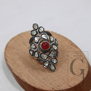 Red Ruby victorian style flat diamond polki ring Rosecut pave diamond rings sterling silver handmade silver finish diamond ring ruby jewelry