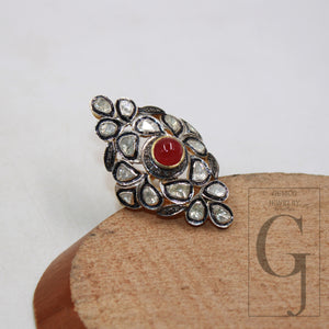 Red Ruby victorian style flat diamond polki ring Rosecut pave diamond rings sterling silver handmade silver finish diamond ring ruby jewelry