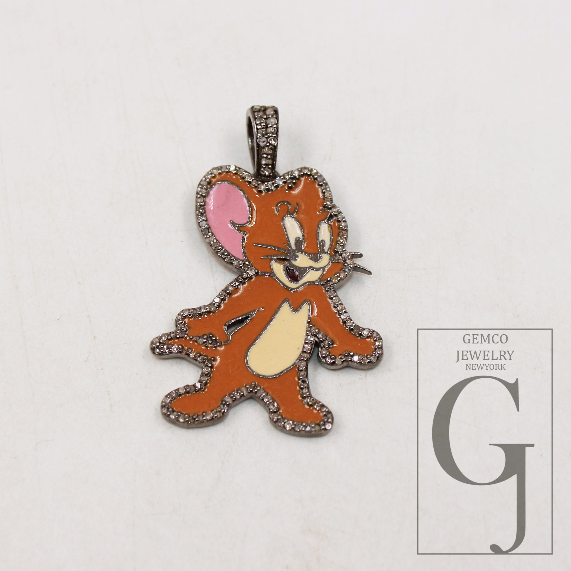 1pc Enameling TOM and Jerry pendant Rosecut pave diamond pendant sterling silver handmade finish diamond charm necklace Jerry Mouse pendant