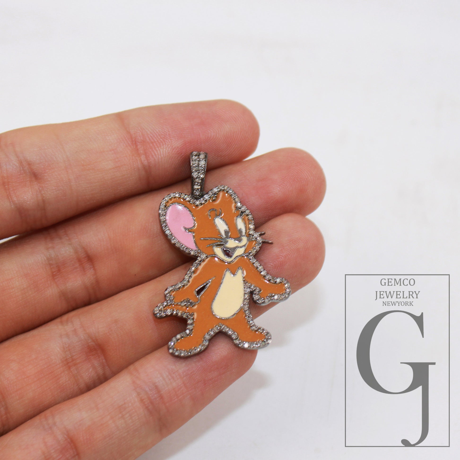 1pc Enameling TOM and Jerry pendant Rosecut pave diamond pendant sterling silver handmade finish diamond charm necklace Jerry Mouse pendant
