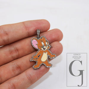1pc Enameling TOM and Jerry pendant Rosecut pave diamond pendant sterling silver handmade finish diamond charm necklace Jerry Mouse pendant