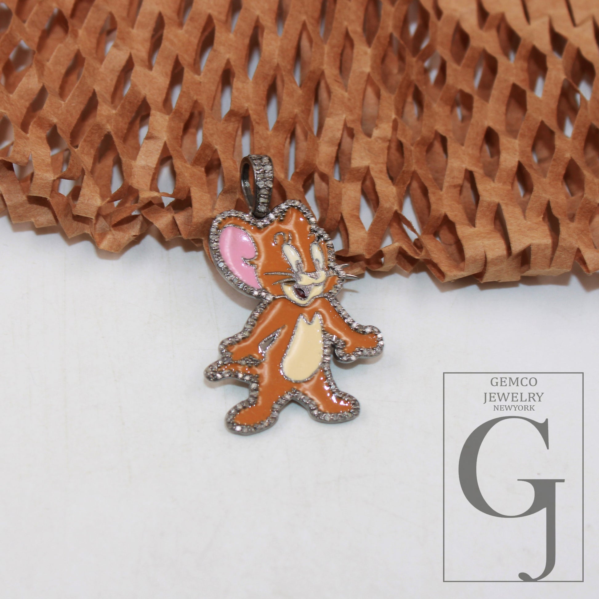 1pc Enameling TOM and Jerry pendant Rosecut pave diamond pendant sterling silver handmade finish diamond charm necklace Jerry Mouse pendant