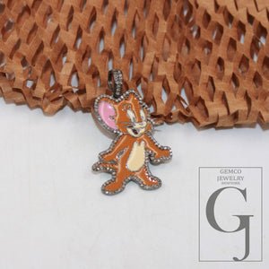 1pc Enameling TOM and Jerry pendant Rosecut pave diamond pendant sterling silver handmade finish diamond charm necklace Jerry Mouse pendant