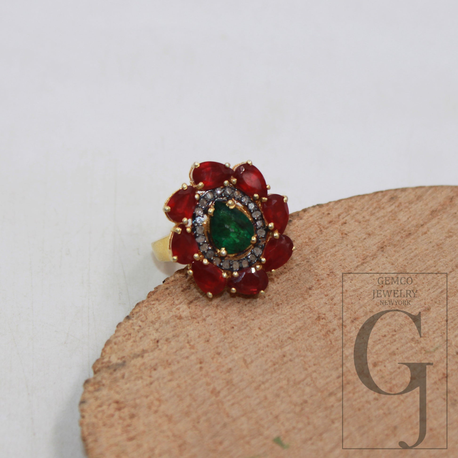 14k gold finish green emerald ruby ring designer Rosecut pave diamond rings 925 sterling silver handmade silver finish diamond ring jewelry