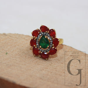 14k gold finish green emerald ruby ring designer Rosecut pave diamond rings 925 sterling silver handmade silver finish diamond ring jewelry