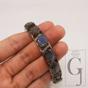 Antique look labradorite gemstone bangle Rosecut pave diamond bangle 925 sterling silver handmade finish diamond bangle pave diamond jewelry