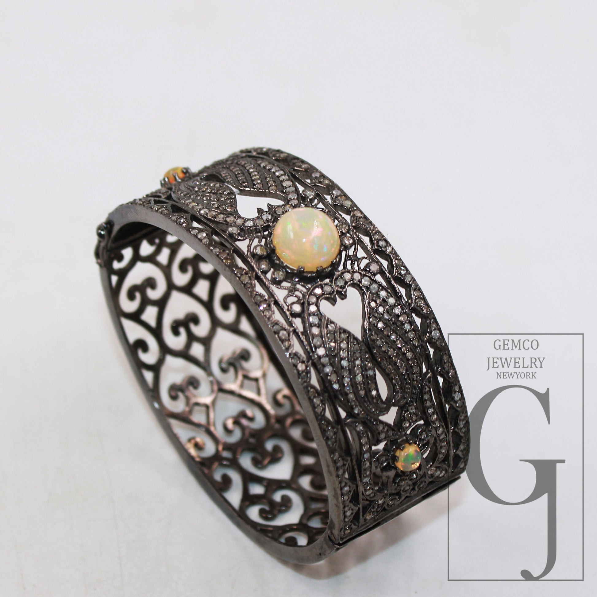 Antique oxidized finish Opal bangle Rosecut pave diamond bangle bracelet 925 sterling silver handmade finish diamond bangle bracelet jewelry