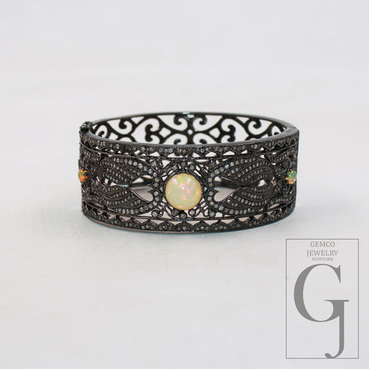 Antique oxidized finish Opal bangle Rosecut pave diamond bangle bracelet 925 sterling silver handmade finish diamond bangle bracelet jewelry