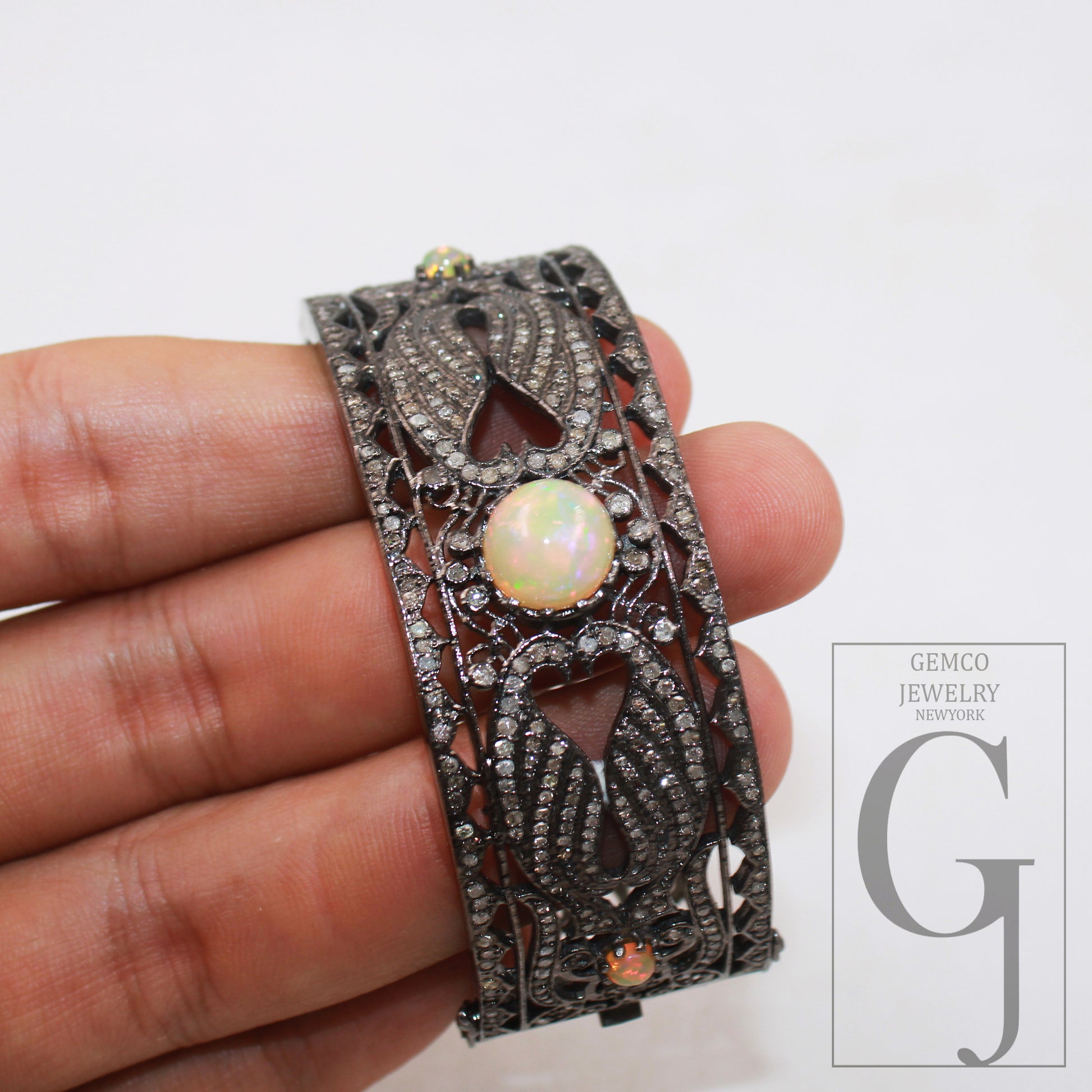 Antique oxidized finish Opal bangle Rosecut pave diamond bangle bracelet 925 sterling silver handmade finish diamond bangle bracelet jewelry