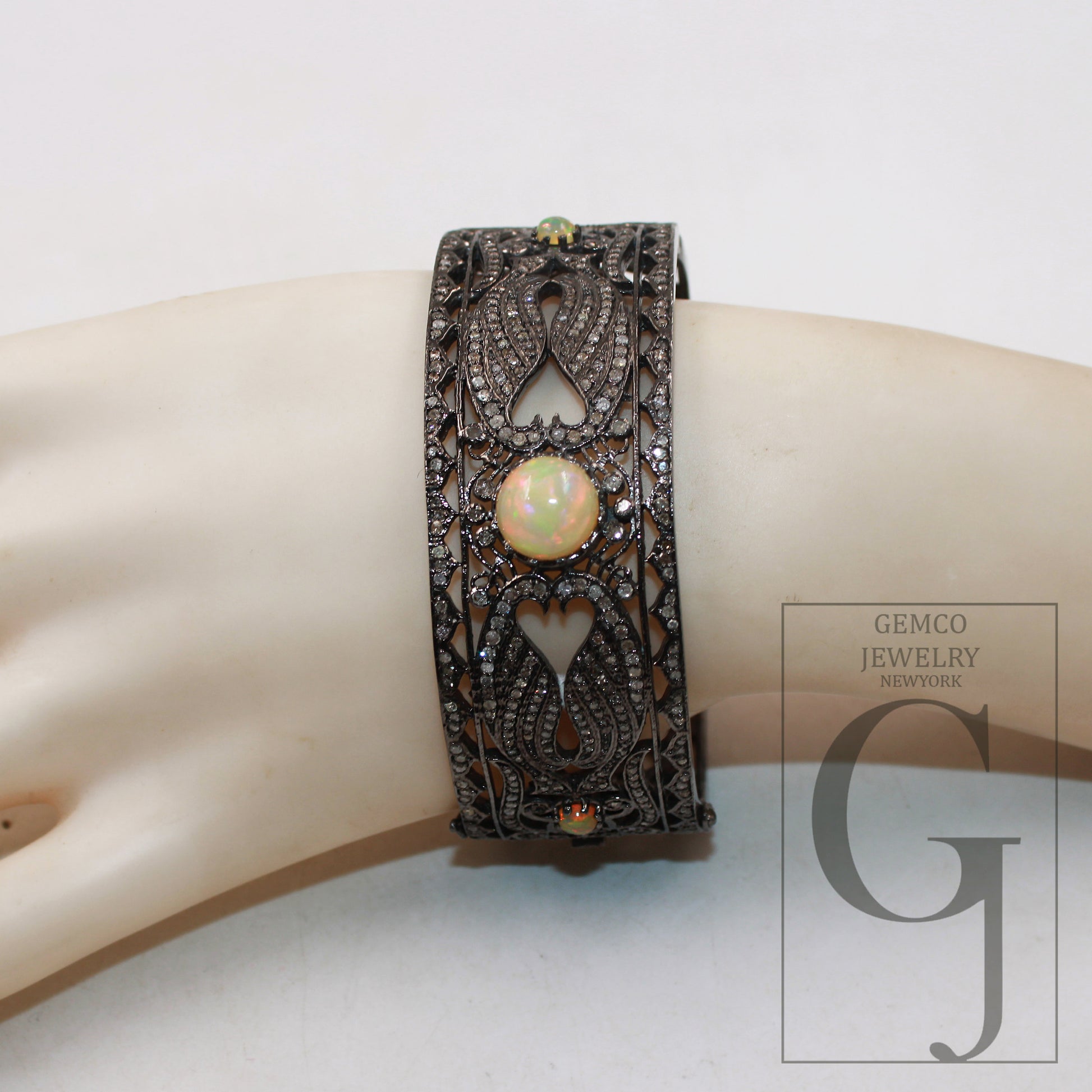 Antique oxidized finish Opal bangle Rosecut pave diamond bangle bracelet 925 sterling silver handmade finish diamond bangle bracelet jewelry