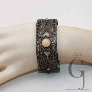 Antique oxidized finish Opal bangle Rosecut pave diamond bangle bracelet 925 sterling silver handmade finish diamond bangle bracelet jewelry