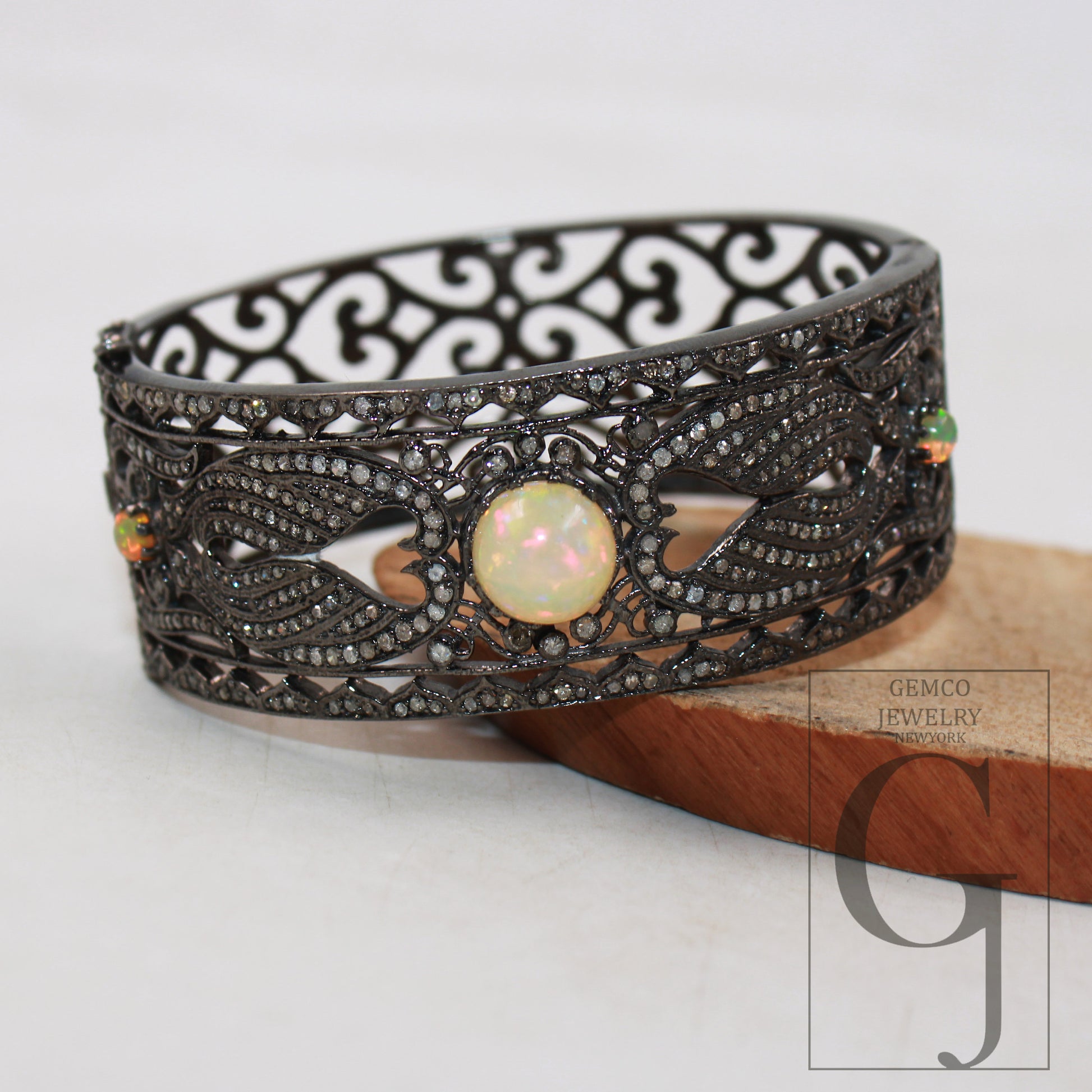 Antique oxidized finish Opal bangle Rosecut pave diamond bangle bracelet 925 sterling silver handmade finish diamond bangle bracelet jewelry