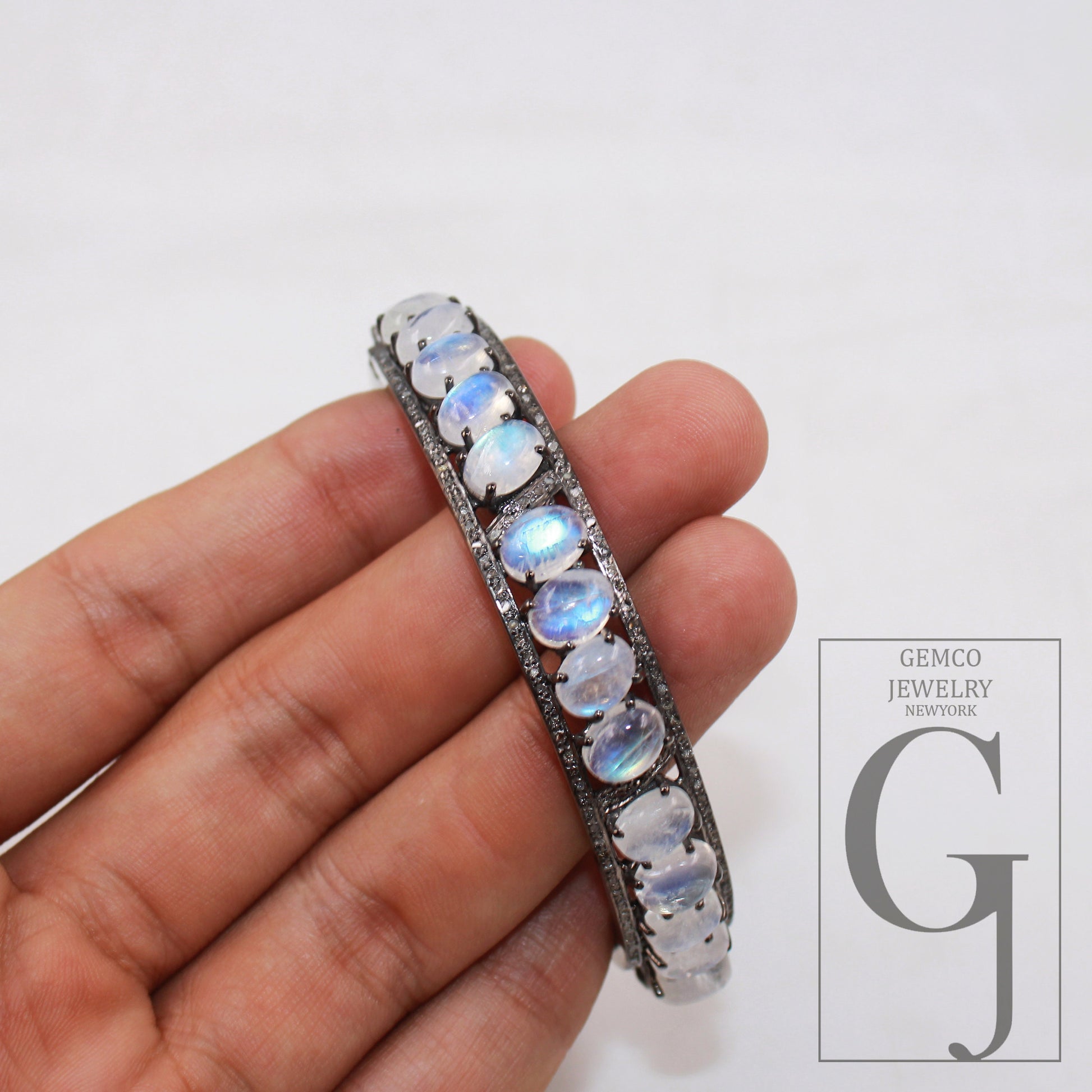 Beautiful designer rainbow moonstone bangle Rosecut pave diamond bangle bracelet sterling silver handmade finish diamond bangle jewelry