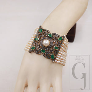 Vermeil gold emerald pearl bracelet designer Rosecut pave diamond bracelet 925 sterling silver handmade finish diamond bracelet jewelry