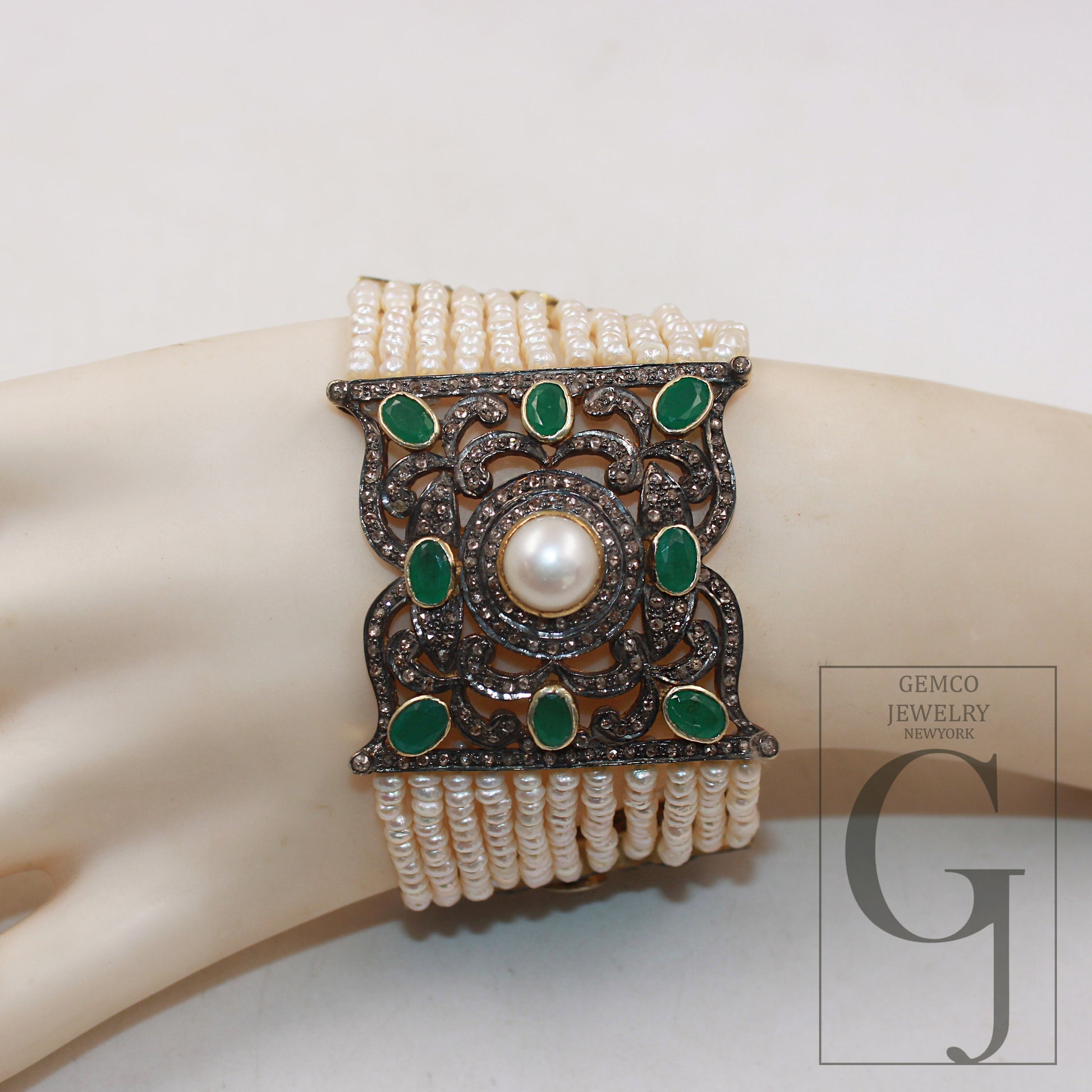 Vermeil gold emerald pearl bracelet designer Rosecut pave diamond bracelet 925 sterling silver handmade finish diamond bracelet jewelry