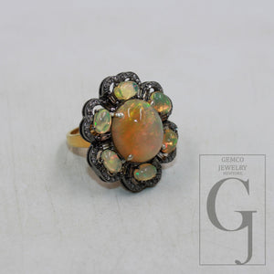 Oxidized finish natural yellow opal ring designer Rosecut pave diamond rings 925 sterling silver handmade silver finish diamond ring jewelry