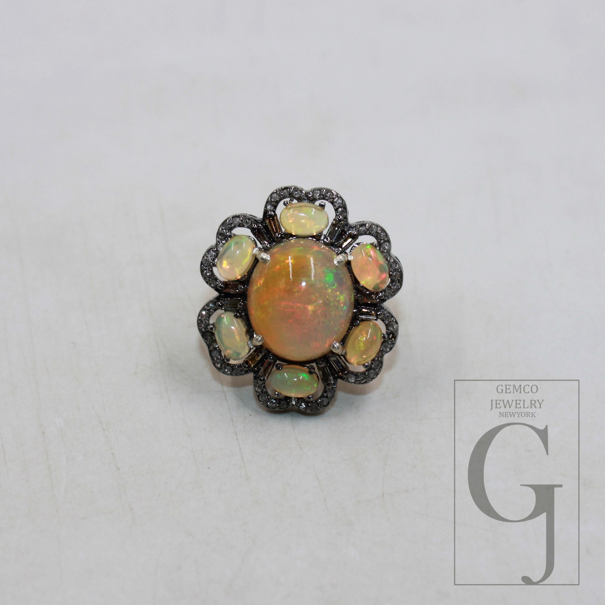 Oxidized finish natural yellow opal ring designer Rosecut pave diamond rings 925 sterling silver handmade silver finish diamond ring jewelry