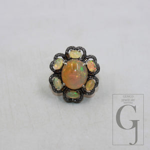 Oxidized finish natural yellow opal ring designer Rosecut pave diamond rings 925 sterling silver handmade silver finish diamond ring jewelry