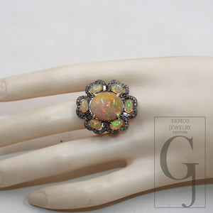 Oxidized finish natural yellow opal ring designer Rosecut pave diamond rings 925 sterling silver handmade silver finish diamond ring jewelry