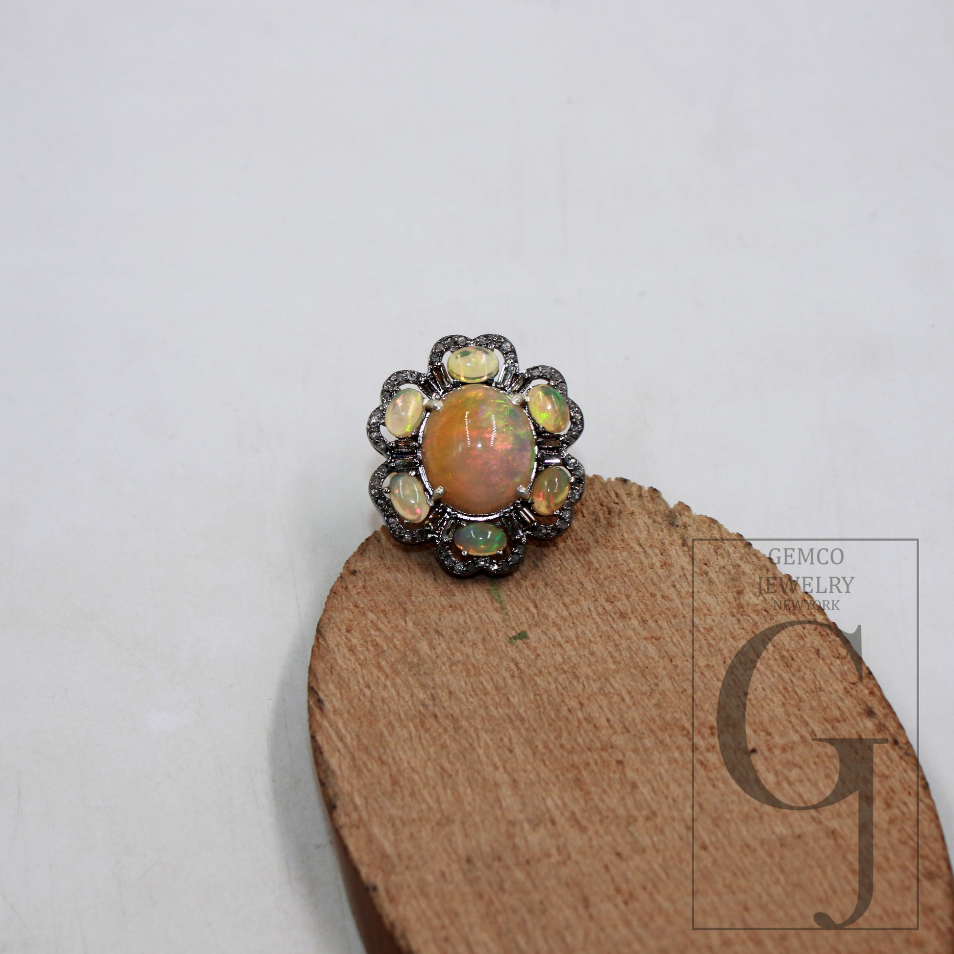 Oxidized finish natural yellow opal ring designer Rosecut pave diamond rings 925 sterling silver handmade silver finish diamond ring jewelry