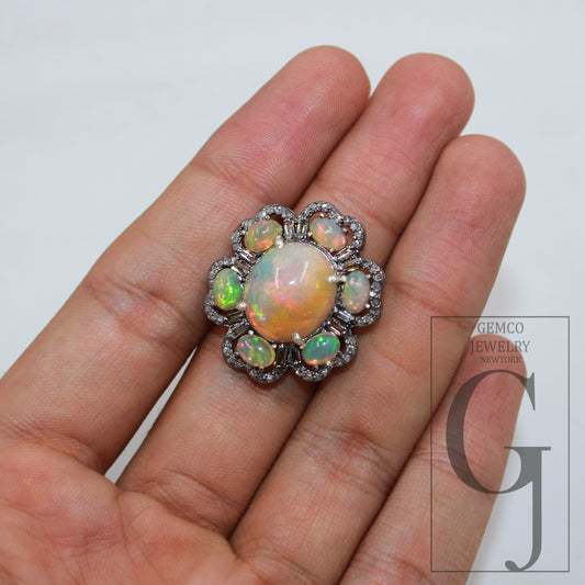 Oxidized finish natural yellow opal ring designer Rosecut pave diamond rings 925 sterling silver handmade silver finish diamond ring jewelry