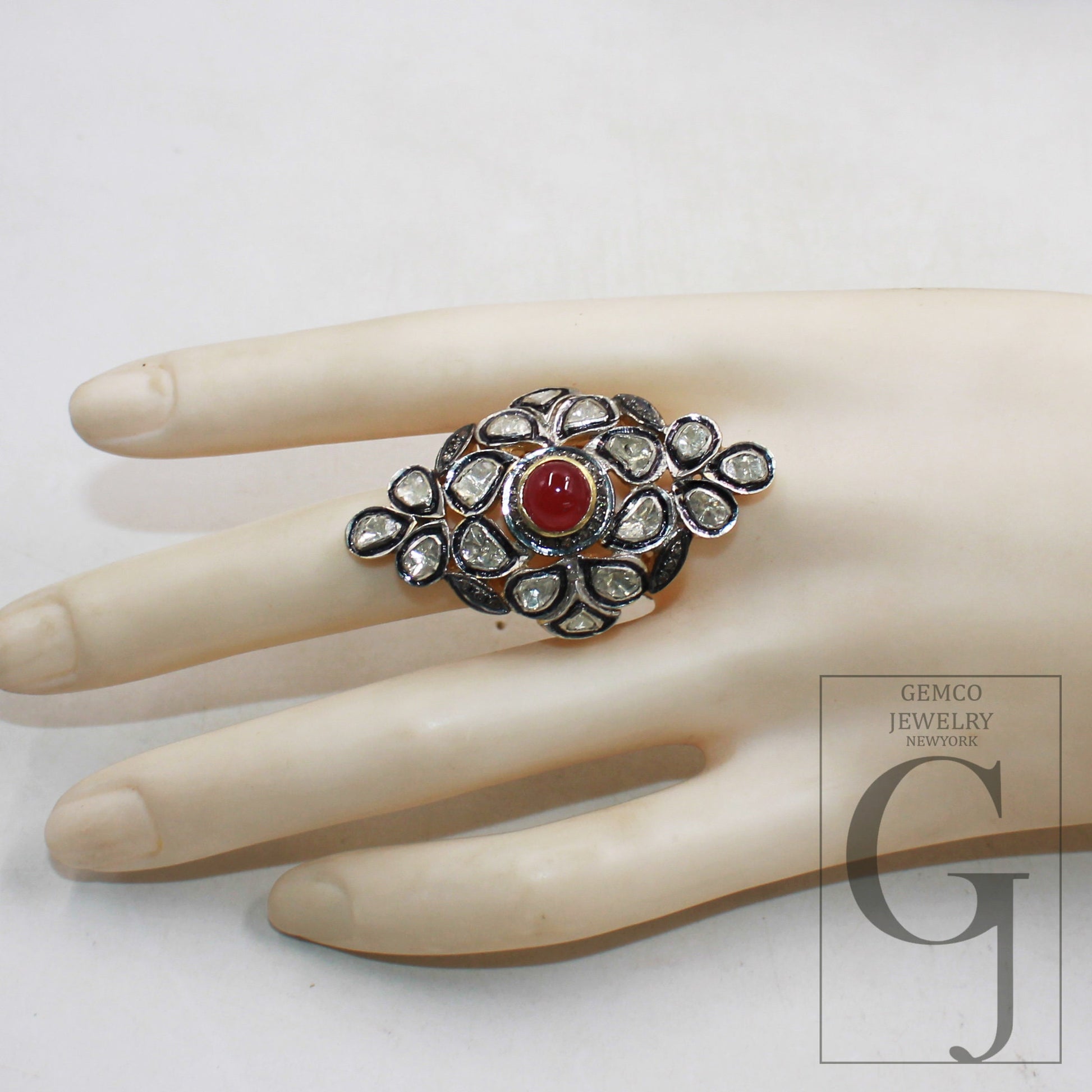 Red Ruby victorian style flat diamond polki ring Rosecut pave diamond rings sterling silver handmade silver finish diamond ring ruby jewelry