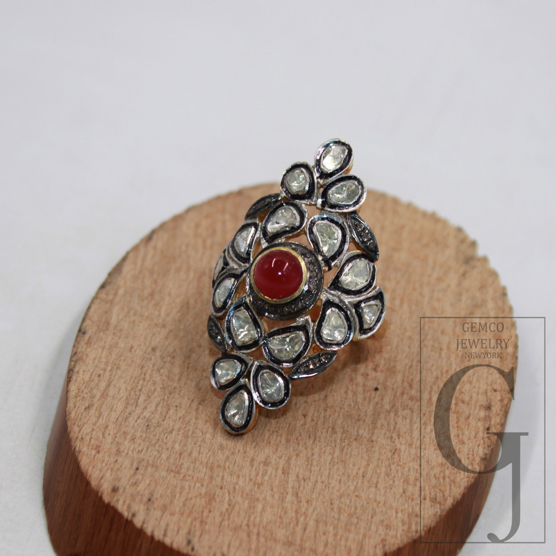 Red Ruby victorian style flat diamond polki ring Rosecut pave diamond rings sterling silver handmade silver finish diamond ring ruby jewelry