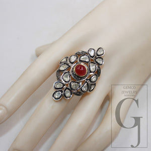 Red Ruby victorian style flat diamond polki ring Rosecut pave diamond rings sterling silver handmade silver finish diamond ring ruby jewelry