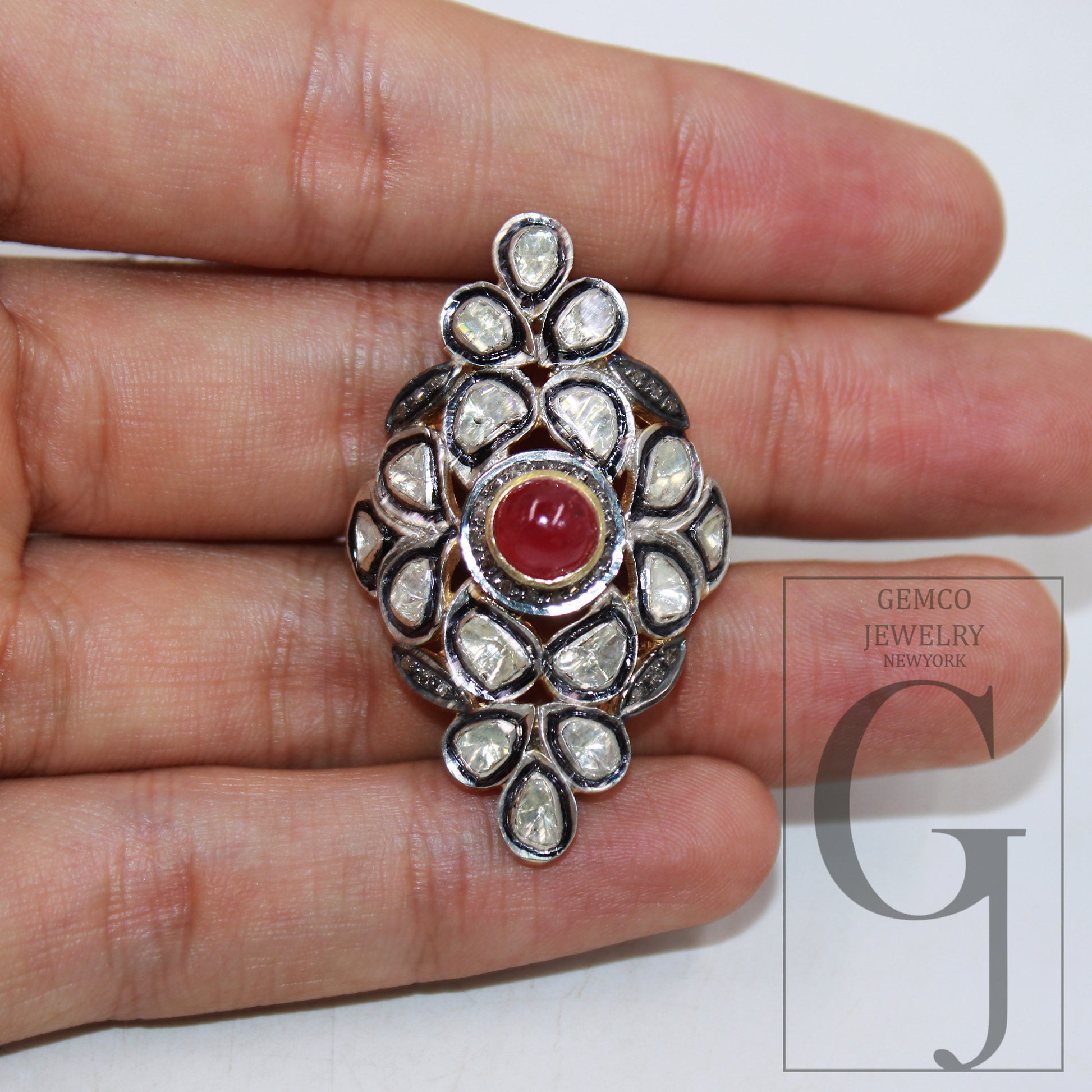 Red Ruby victorian style flat diamond polki ring Rosecut pave diamond rings sterling silver handmade silver finish diamond ring ruby jewelry