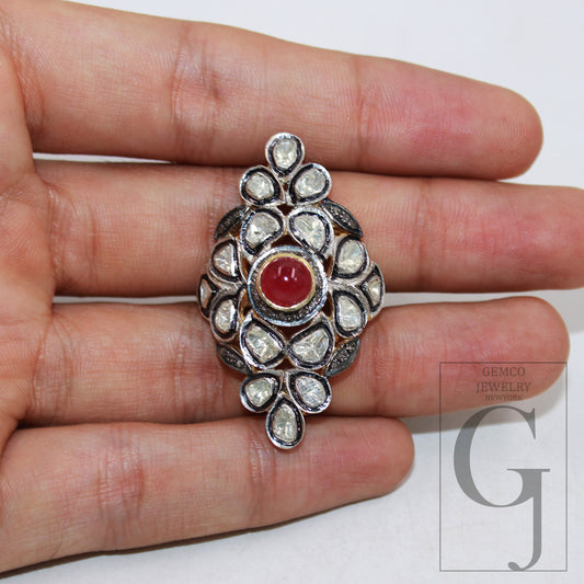 Red Ruby victorian style flat diamond polki ring Rosecut pave diamond rings sterling silver handmade silver finish diamond ring ruby jewelry