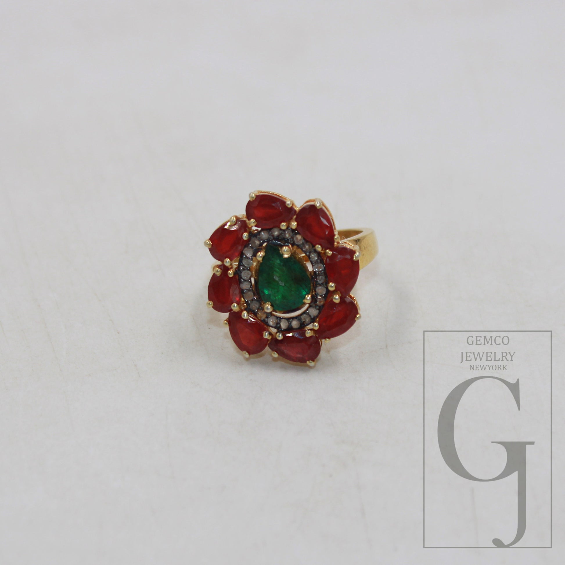 14k gold finish green emerald ruby ring designer Rosecut pave diamond rings 925 sterling silver handmade silver finish diamond ring jewelry