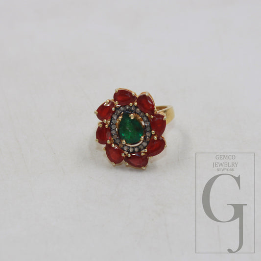 14k gold finish green emerald ruby ring designer Rosecut pave diamond rings 925 sterling silver handmade silver finish diamond ring jewelry