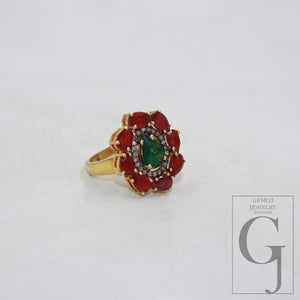 14k gold finish green emerald ruby ring designer Rosecut pave diamond rings 925 sterling silver handmade silver finish diamond ring jewelry