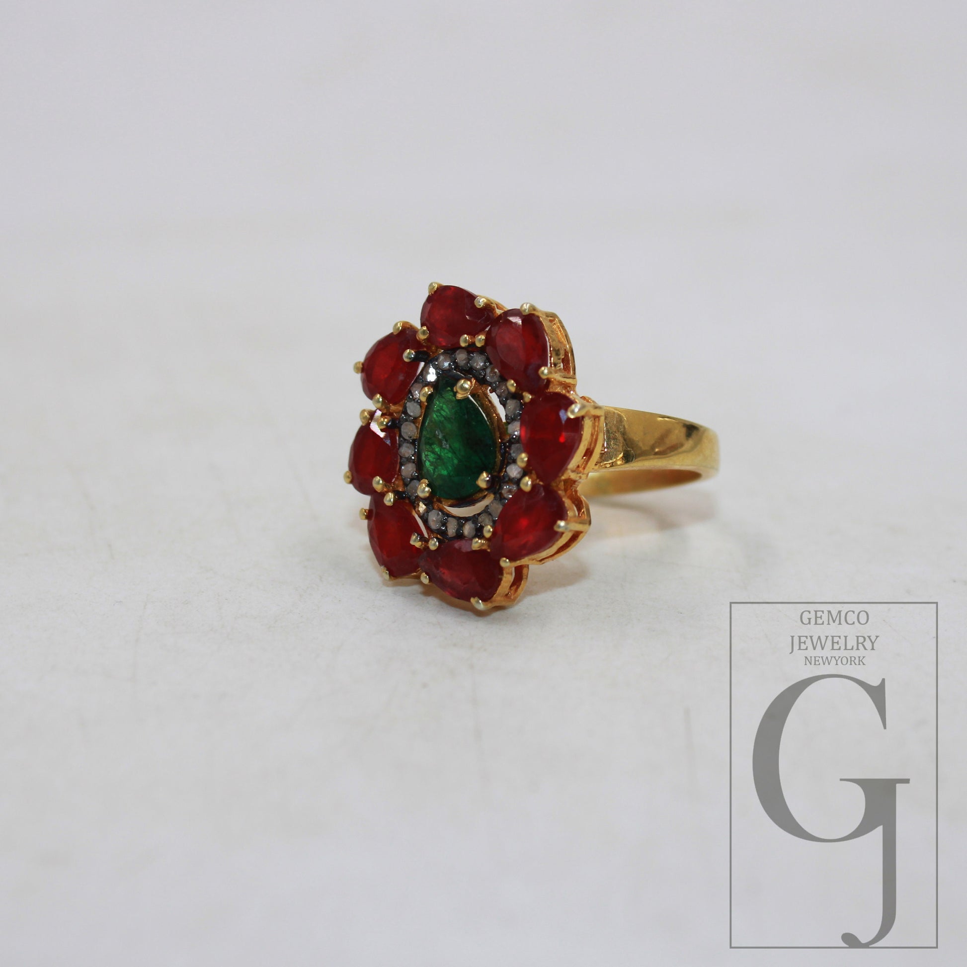 14k gold finish green emerald ruby ring designer Rosecut pave diamond rings 925 sterling silver handmade silver finish diamond ring jewelry