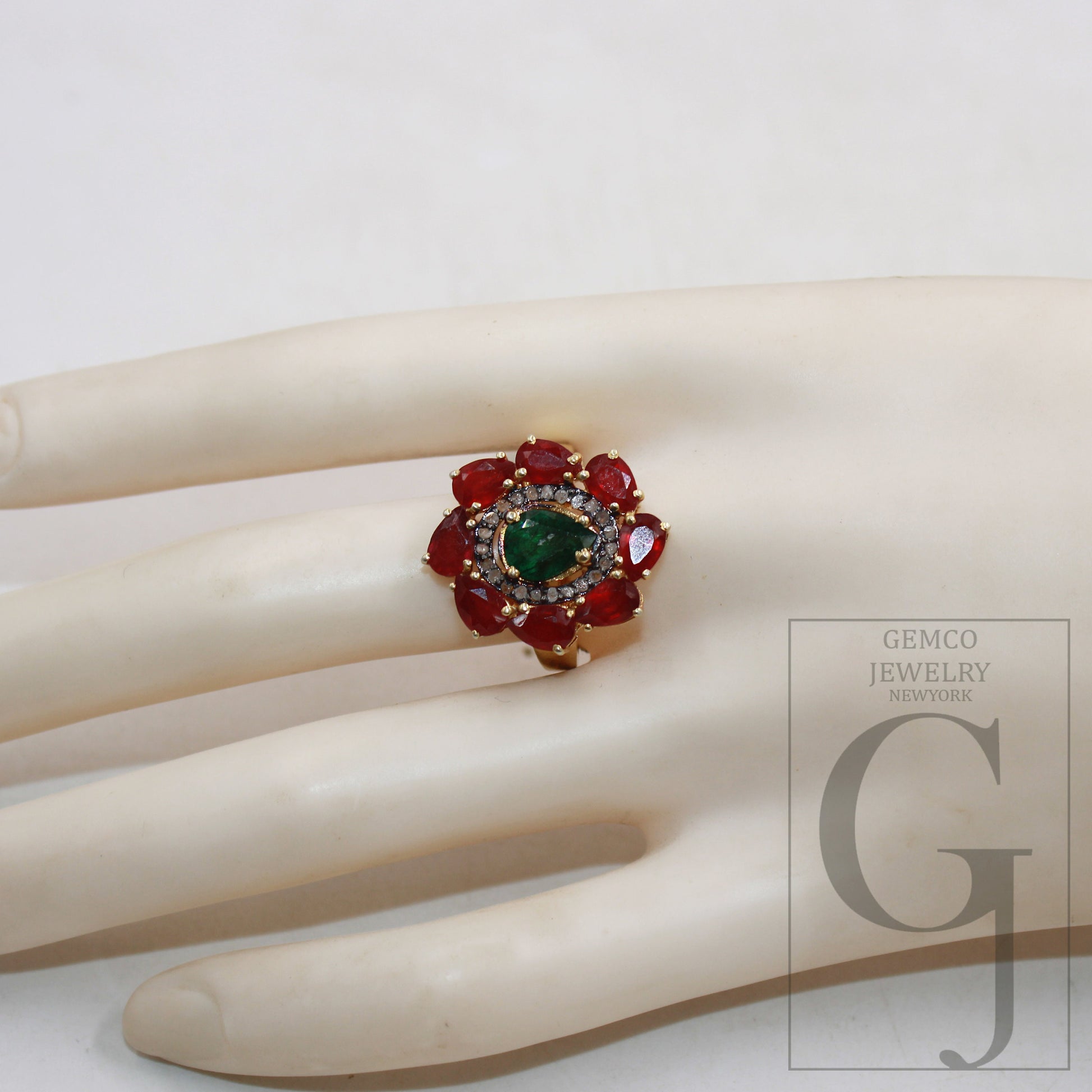 14k gold finish green emerald ruby ring designer Rosecut pave diamond rings 925 sterling silver handmade silver finish diamond ring jewelry