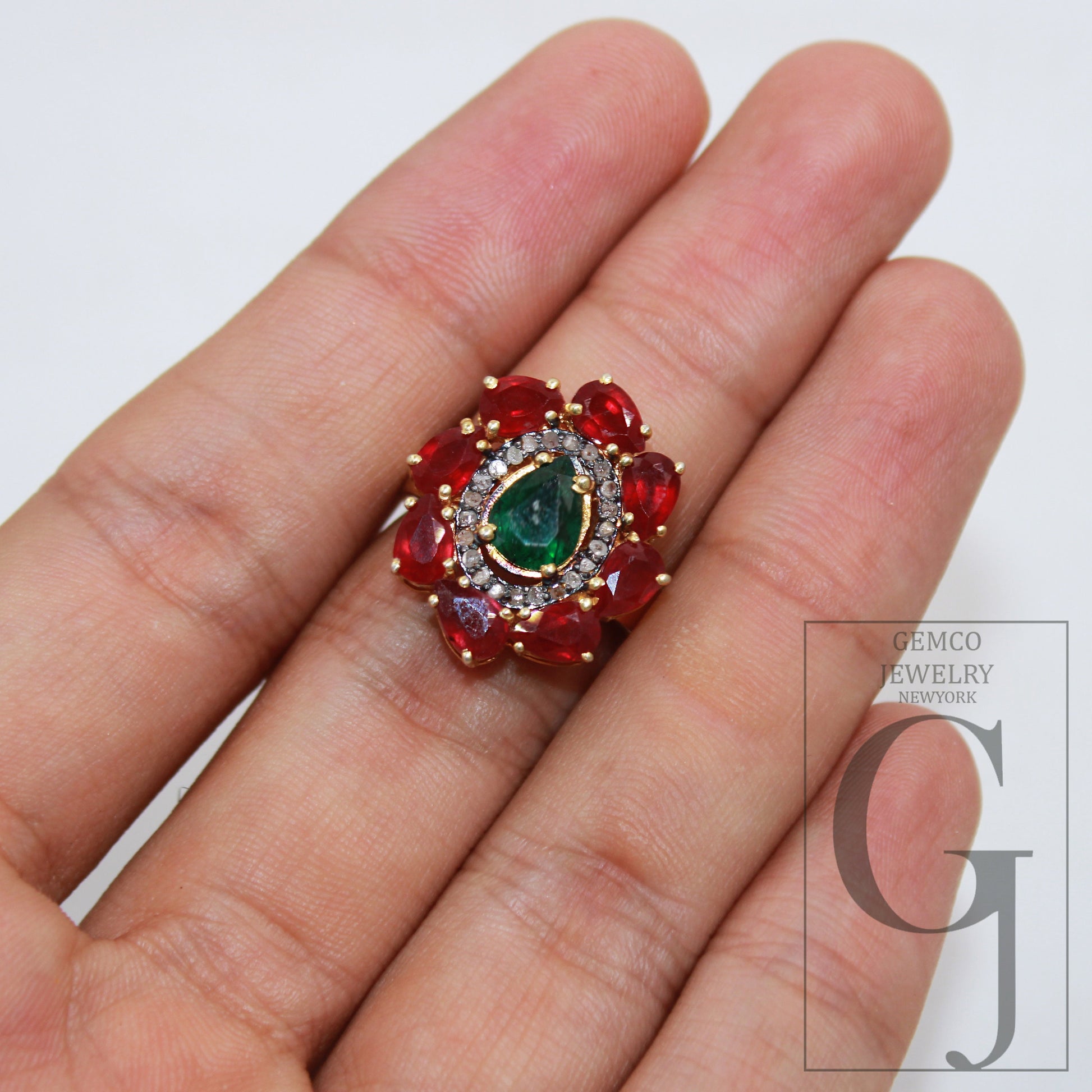 14k gold finish green emerald ruby ring designer Rosecut pave diamond rings 925 sterling silver handmade silver finish diamond ring jewelry