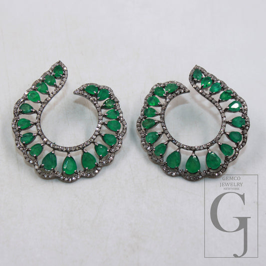 Natural emerald Pave diamond earring 925 sterling silver handmade Pave diamond earring zambian emerald stone jewelry wedding jewelry