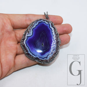 Blue druse natural agate pendant designer Rosecut pave diamond pendant 925 sterling silver handmade finish diamond charms necklace pendant