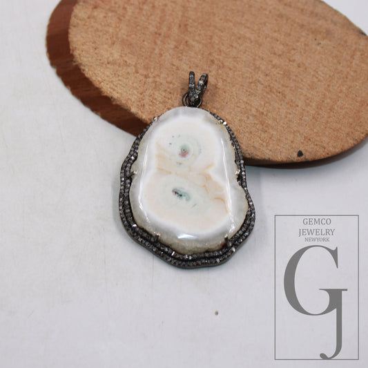 White SOLAR Agate pendant Druzy Agate Slice Rosecut pave diamond pendant 925 sterling silver handmade finish diamond charm necklace pendant