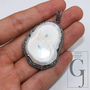 White SOLAR Agate pendant Druzy Agate Slice Rosecut pave diamond pendant 925 sterling silver handmade finish diamond charm necklace pendant