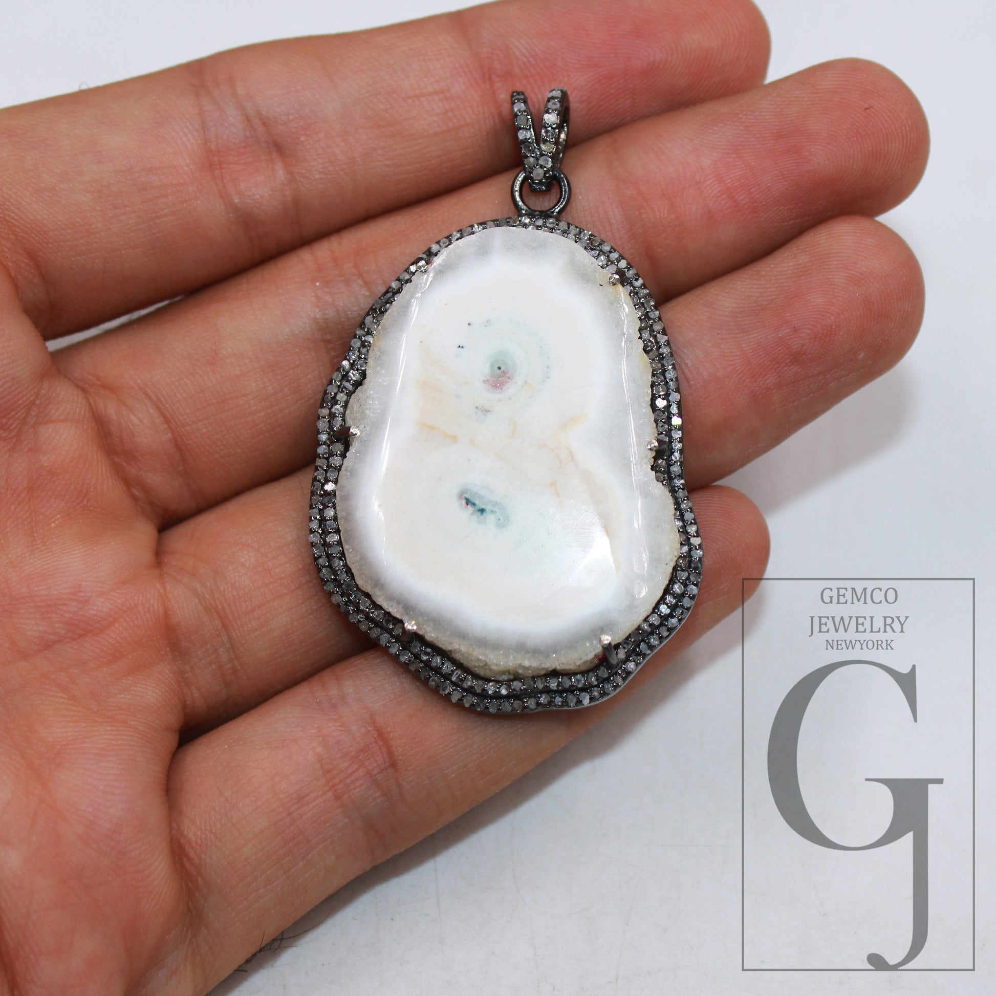 White SOLAR Agate pendant Druzy Agate Slice Rosecut pave diamond pendant 925 sterling silver handmade finish diamond charm necklace pendant